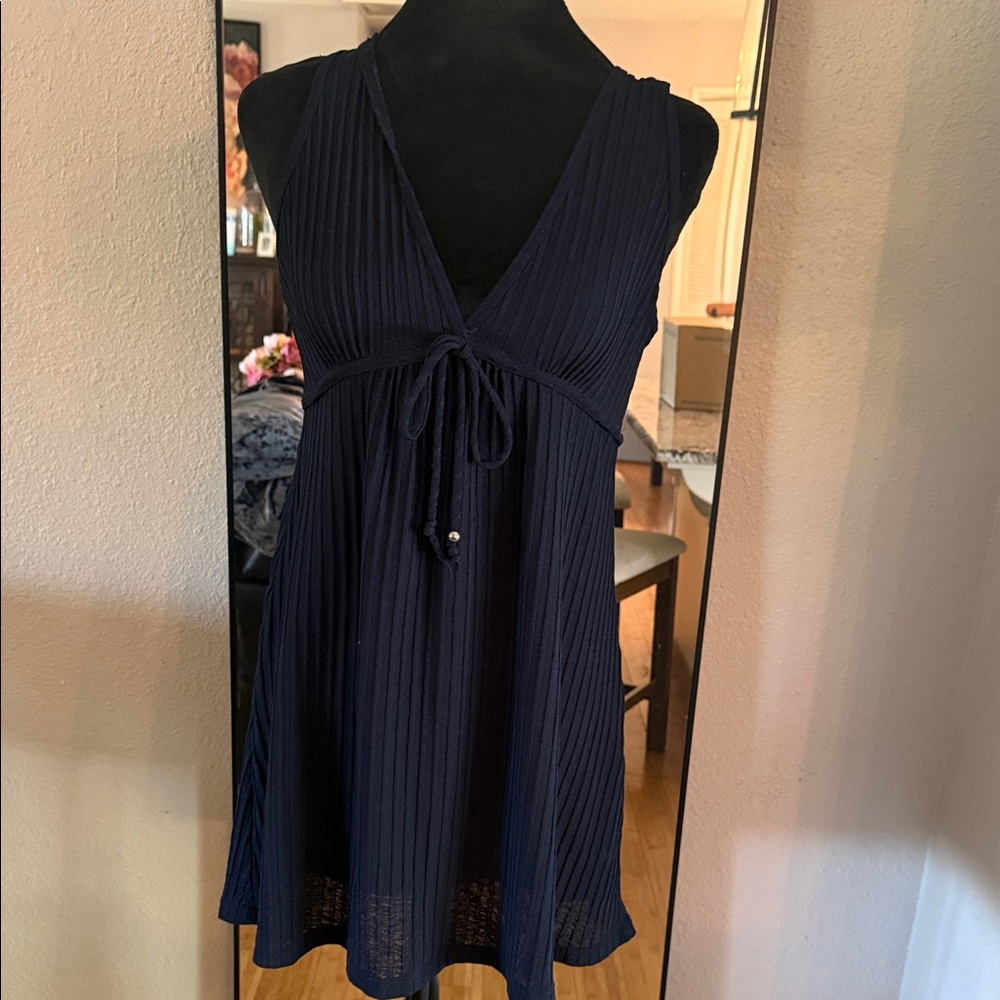 Navy Ribbed V-Neck Swim Coverup with Tie